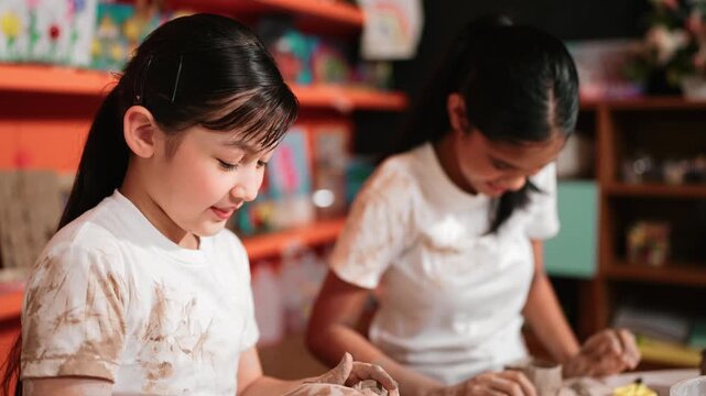 Caucasian smart high school girl modeling cup of clay while diverse student playing behind. Multicultural student working or making dough art in creative activity. Blurring background.. Edification