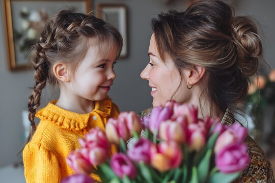 Cute little girl greeting her mother with a bouquet of tulips, celebrating Mother's Day at home, with both of them smiling in happiness