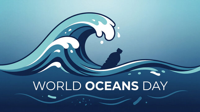 Grand blue wave surges, subtly carrying a plastic bottle, a powerful statement for World Oceans Day's call to conserve marine life