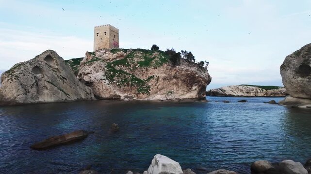 Historic Sile Castle on Rocky Island at Black Sea Coast in Istanbul Turkey. High quality 4k footage