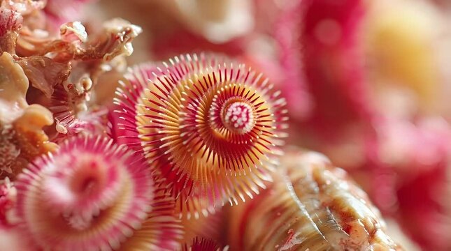 Macro photograph showcasing vibrant pink and orange sea shells with intricate spiral patterns highlighting the beauty of marine life and underwater ecosystems in stunning detail
