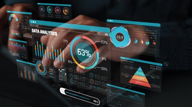 Hands Engaging with Futuristic Data Analytics Interface Displaying Colorful Graphs and Statistical Insights for Business Decisions Sigmoid