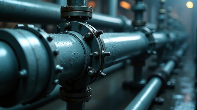 Industrial Pipes and Valves in a Dimly Lit Factory Setting.