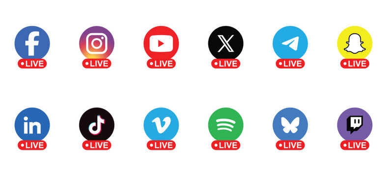 social media logo set live streaming icons facebook instagram youtube tiktok