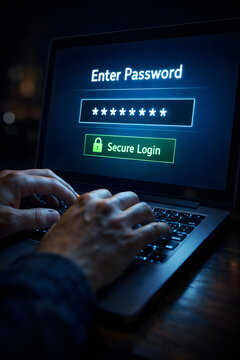Close up of person hands typing password on laptop screen for secure login, cybersecurity and data protection concept in dark room.