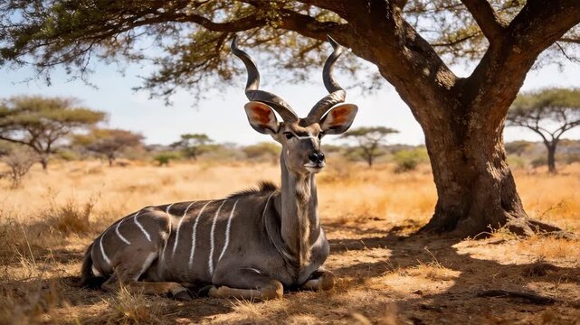 Greater kudu antelope resting under an acacia tree in the dry african savanna, suitable for wildlife documentary, nature conservation, travel brochure, and environmental education.
