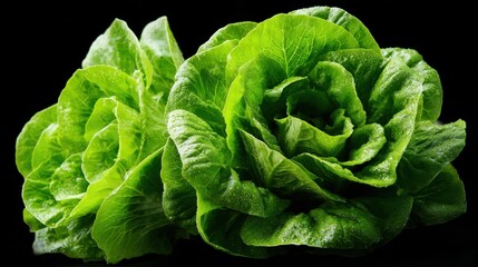 Obraz premium Three lettuce heads with crisp green leaves on black background