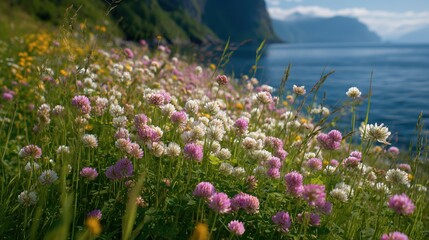 Obraz premium Blooming pink and white clover meadow by fjord shoreline with mountains in summer