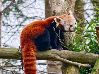 Fototapeta premium Tranquil scene depicting red panda cuddled against tree bark with gentle gaze and thriving plants