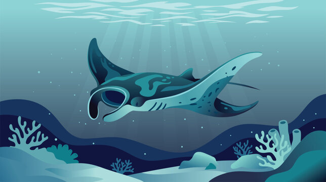 Flat vector illustration of a manta ray gliding underwater