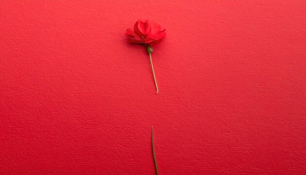 Une petite rose rouge avec une tige bris&eacute;e pos&eacute;e sur un fond textur&eacute; rouge vif, symbolisant la rupture amoureuse et la tristesse.