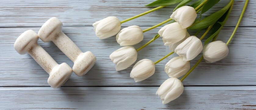 Celebrate women with white dumbbells and tulips on a wooden table for fitness and springtime joy, with space for your logo for special messages