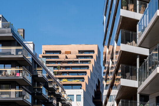 Modern Oslo skyline in Norway showing Barcode residential apartments mixed with office buildings across a contemporary business district