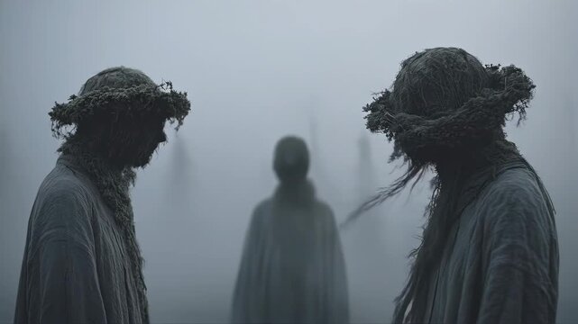 Two figures in straw hats confront shadowy silhouette in dense fog. Eerie ritual gathering with cloaked participants in misty outdoor setting. Atmospheric supernatural encounter sequence.
