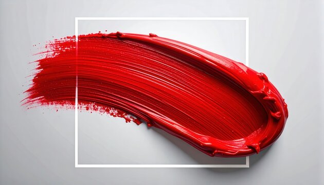 Un coup de pinceau &eacute;pais de peinture rouge vif avec une texture riche traversant un cadre blanc minimaliste sur un fond gris clair &eacute;l&eacute;gant.