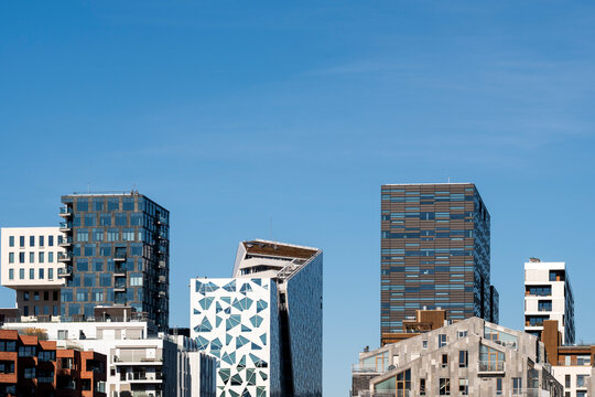 Barcode district skyline in Oslo Norway with modern office towers and highrise architecture shaping a corporate urban cityscape