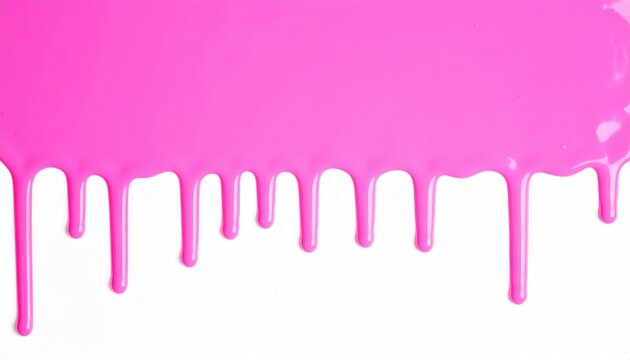 Peinture rose vif d&eacute;goulinant sur un fond blanc pur, cr&eacute;ant une bordure abstraite et visqueuse pour des projets de design cr&eacute;atifs.