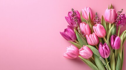 Obraz premium Pink tulip bouquet arranged on pastel pink surface