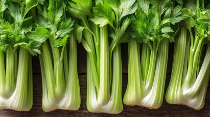 Obraz premium Freshly Harvested Radiant Celery Stalks Showcasing Vibrant Green Freshness on Wooden Table Surface