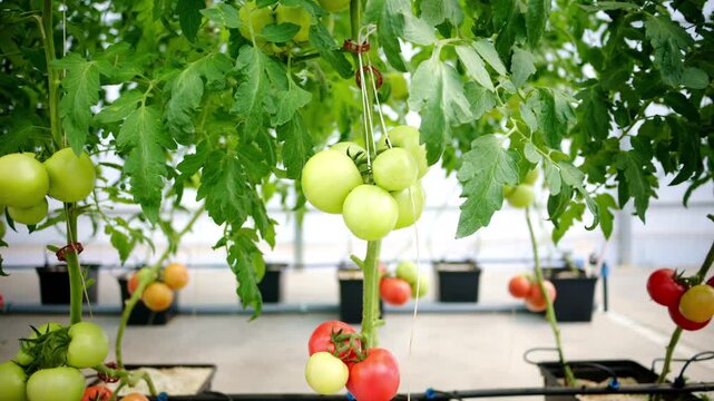 Greenhouse tomato farm with automated irrigation system showing rows of ripening vegetable clusters.