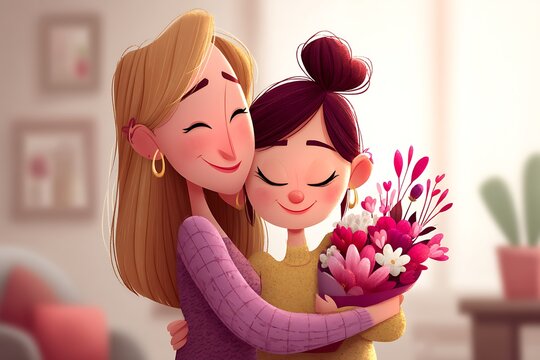 Happy Mothera??s Day: Daughter congratulates her mother with a bouquet of flowers, filled with joy and love in a cozy room
