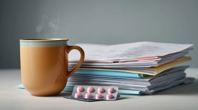 Mental health and burnout concept with medicine on desk during busy workday