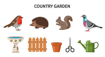 Country garden wildlife and tools illustration. © Faisal