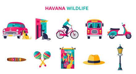 Naklejka premium Havana Cuba colorful street icons set.