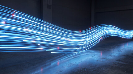 Abstract blue light trails flowing dynamically across a dark reflective surface, symbolizing digital data transfer. © Jacqueline