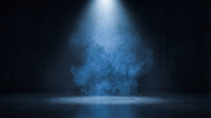 Mysterious blue spotlight illuminates a billowing cloud of smoke against a textured concrete wall photograph. © Jacqueline