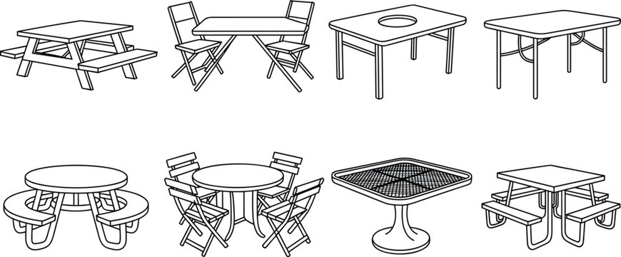 Outdoor picnic tables and garden furniture icons set with park benches patio seating arrangements for exterior design landscaping and backyard