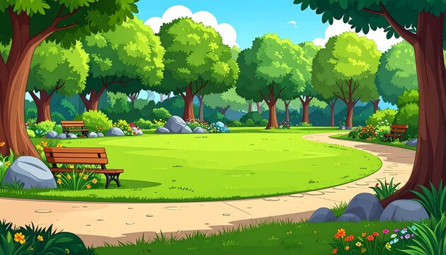 Serene Cartoon Park Scene with Bench.