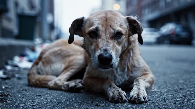 A lonely stray dog rests on a gritty urban street with discarded items nearby