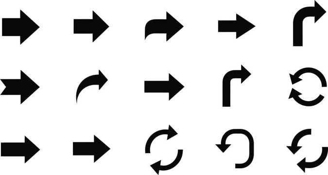 Collection of various black arrow icons on white background