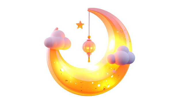 Crescent moon with clouds and lantern in cartoon style on dark background; 3D render