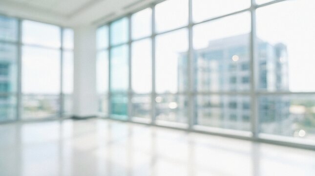 Abstract blurred background of an empty office with large windows and city view