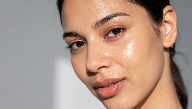 Portrait rapproch&eacute; d'une jeune femme brune &agrave; la peau &eacute;clatante et saine, affichant un teint naturel et lumineux sous une lumi&egrave;re douce et claire.