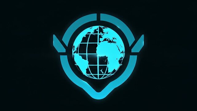 Glowing blue globe inside location pointer icon on dark background