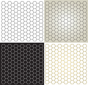 4 Motifs en nid d&rsquo;abeilles hexagonal - fond g&eacute;om&eacute;trique alv&eacute;oles minimaliste en noir et blanc et dor&eacute; - vecteur