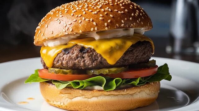 Delicious gourmet cheeseburger with melting cheese, fresh lettuce, and tomato on a white plate in a restaurant setting, comfort food concept.