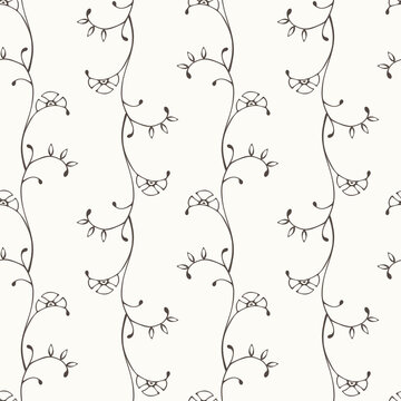 Seamless vertical pattern with hand-drawn minimalist floral vines and tiny flowers in black line art style on white background. Elegant botanical texture for textile design, wallpaper, and organic bra