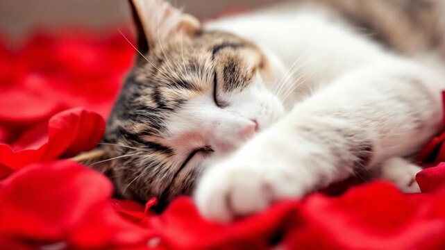 A serene cat napping among soft red rose petals.