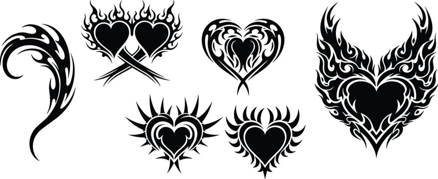Black and white tribal heart tattoo vector set featuring flaming hearts, sharp thorns, and decorative fire patterns for expressive and gothic designs.