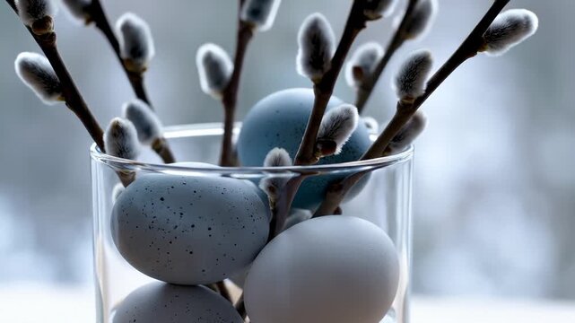 Close-Up of Easter Eggs and Pussy Willow Branches in a Glass Vase, Soft Natural Light