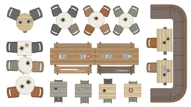 Top-down view of diverse cafe and restaurant furniture arrangements for interior design layouts and architectural planning