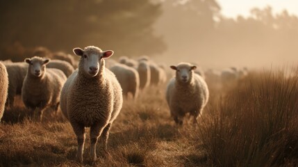 Fototapeta premium Sheep flock grazing on misty grassy moorland at sunrise