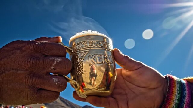 Inti Raymi, close-up of hands holding a golden Kero cup filled with chicha, sun rays creating a natural lens flare against a deep blue Andean sky