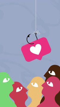 Animated social media concept showing a like icon on a hook attracting people below. Metaphor for engagement, attention manipulation and online behavior. Vertical video