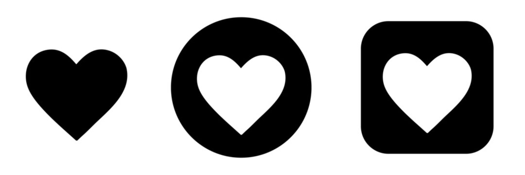 Heart icon set in button style with like and favorite symbols. Love and wishlist icons for app and web interface, social media, user interaction and engagement