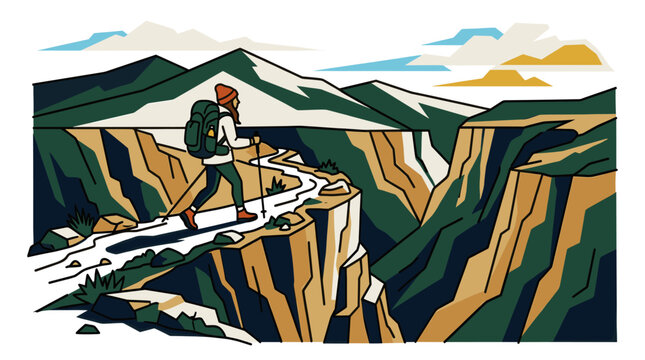 A stylized illustration of a woman hiking along a narrow path in a dramatic canyon landscape with mountains in the background, perfect for adventure or travel themes.